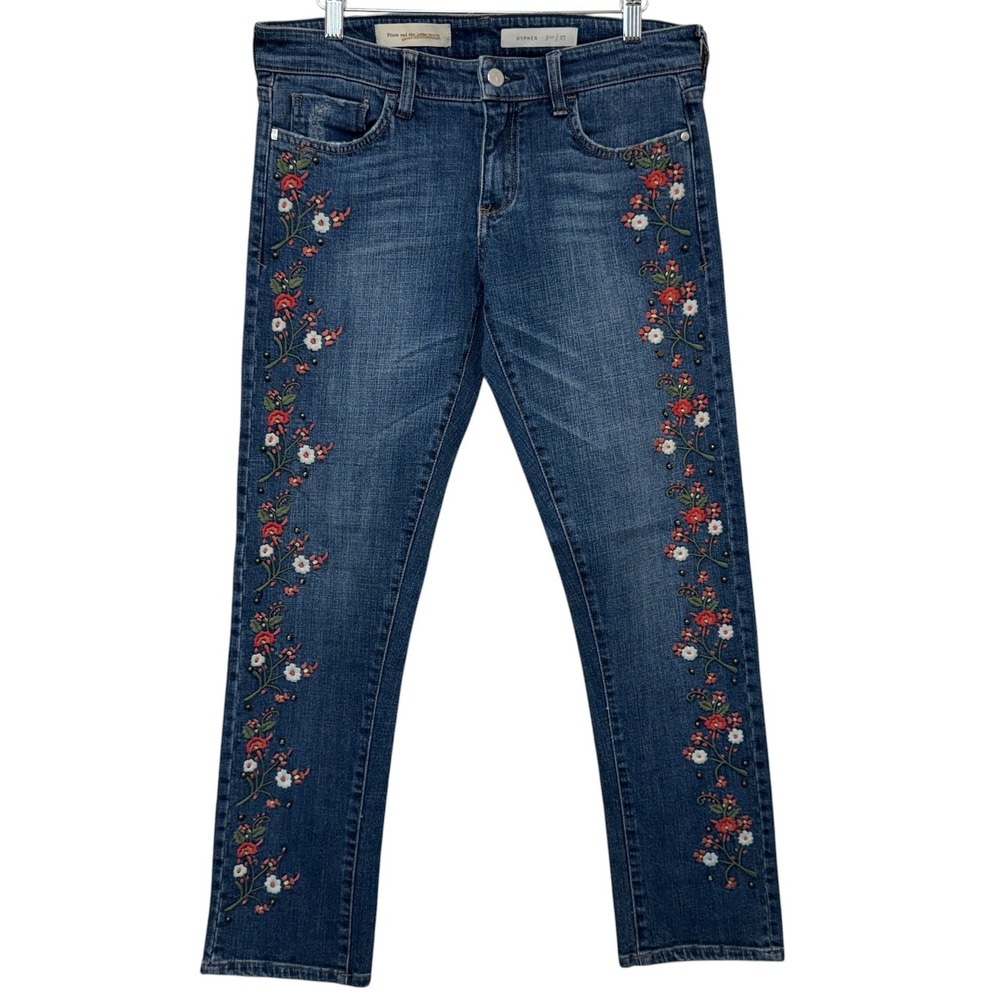 Pilcro Letterpress Womens Hyphen Jeans‎ 27 Blue Floral Embroidered Boho Cottage